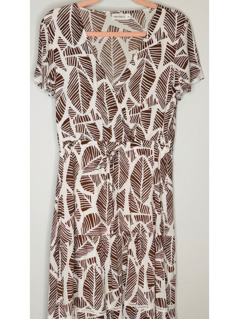 Botanical Leaf Print Midi Faux Wrap Dress Size 10 Retro Boho Cottagecore Prairie - Picture 9 of 9